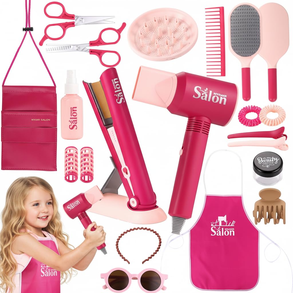 GAGAKU Pretend Hair Salon Toys for Girls,Pretend Makeup for Toddlers Dress Up Beauty Salon Set Stylist Kit with Hair Dryer Apron Curling Flat Scissors Accessories Girl Gifts