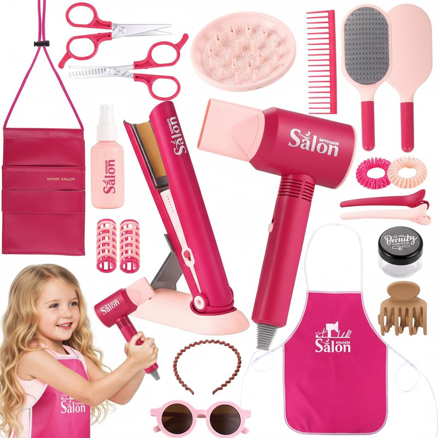 GAGAKU Pretend Hair Salon Toys for Girls,Pretend Makeup for Toddlers Dress Up Beauty Salon Set Stylist Kit with Hair Dryer Apron Curling Flat Scissors Accessories Girl Gifts