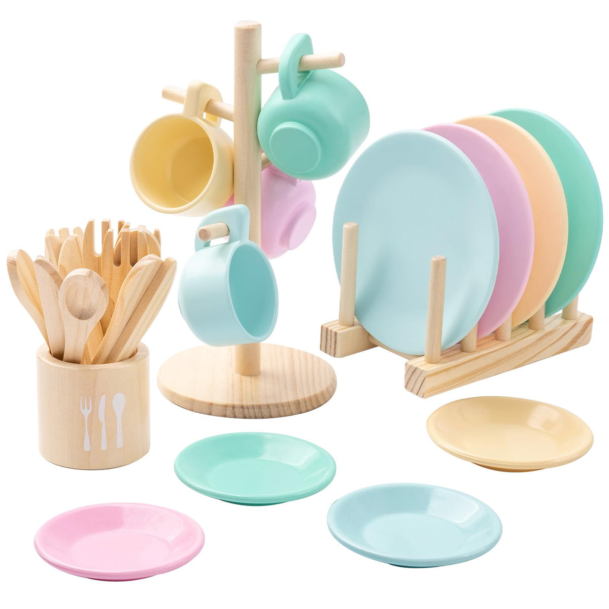 GAGAKU Kids Wooden Play Dishes Set -27Pcs Montessori Play Kitchen Accessories Plates and Bowls Set, Storage Stand & Play Food, Pretend Cooking Toys for Ages 3-5, Educational Gift for Toddler