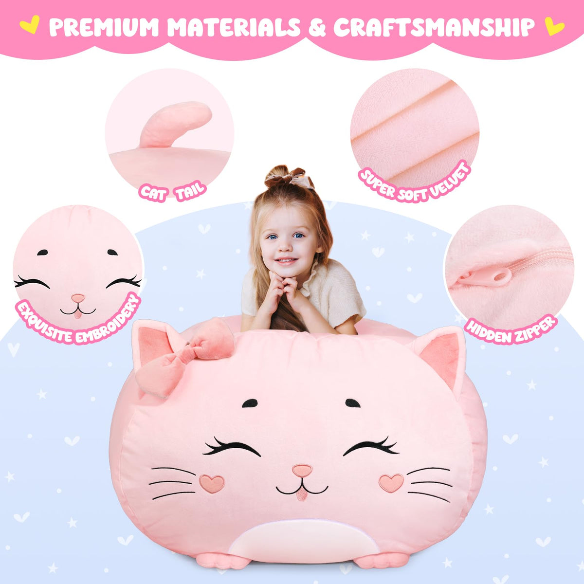 Children's Bean Bag Cover for Soft Toys 24 x 24 x 19.7 in - Toy Storage for Children's Room - Cuddly Toy Organiser for Plush Toys & Blankets Premium Velvet, Zip - Kitty