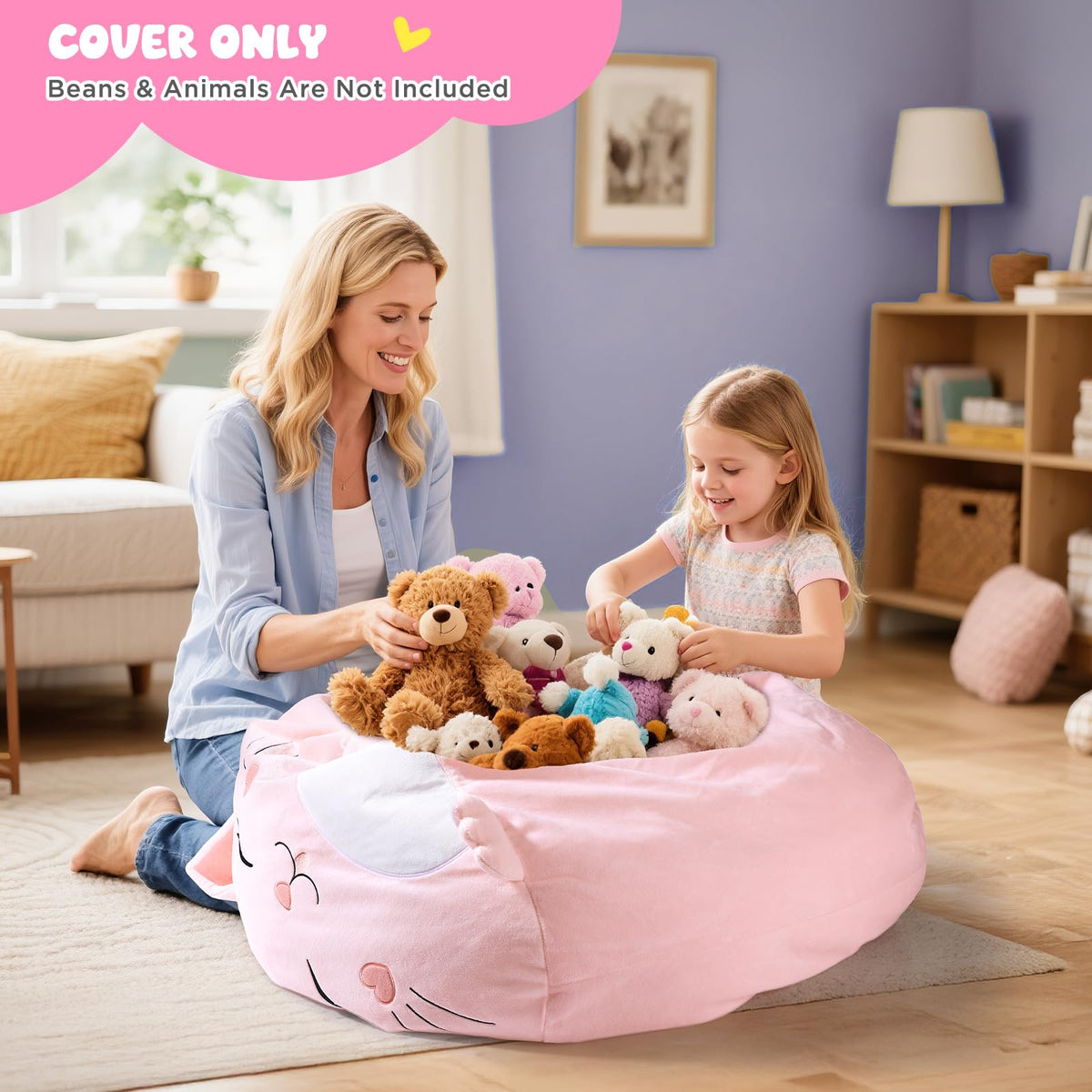 Children's Bean Bag Cover for Soft Toys 24 x 24 x 19.7 in - Toy Storage for Children's Room - Cuddly Toy Organiser for Plush Toys & Blankets Premium Velvet, Zip - Kitty