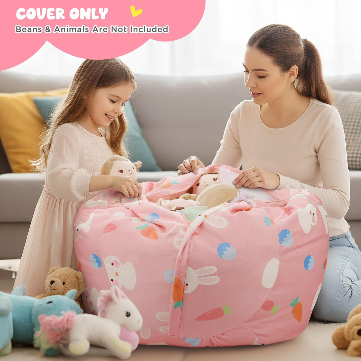 Children's Bean Bag Cover for Soft Toys 24 x 24 x 19.7 in - Toy Storage for Children's Room - Cuddly Toy Organiser for Plush Toys & Blankets Premium Velvet, Zip - Rabbit