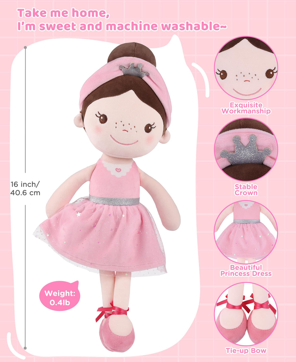 GAGAKU Soft Baby Doll Toys (16'') for Girls, My First Baby Rag Dolls for 1 Year Old Girl Birthday Gift Plush Doll Toys Machine Washable Baby Doll for Toddler Kids Infants - Ballet Girl