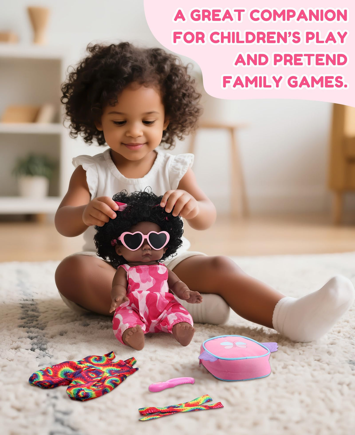 GAGAKU 12-Inch Black Baby Dolls with Natural Hair, Doll for Girls Toddlers Kids Ages 3+, Full Vinyl Baby Doll with Mini Backpack & Dolls Accessories