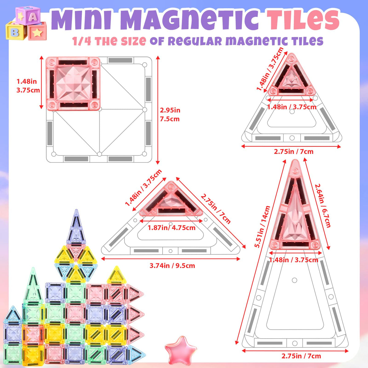 GAGAKU Mini Magnetic Tiles- 62 PCS Travel Magnetic Tile with Portable Storage Box Magnetic Blocks for Kids 3 4 5 6+ Portable Preschool STEM Educational Construction Sensory Gift Toys