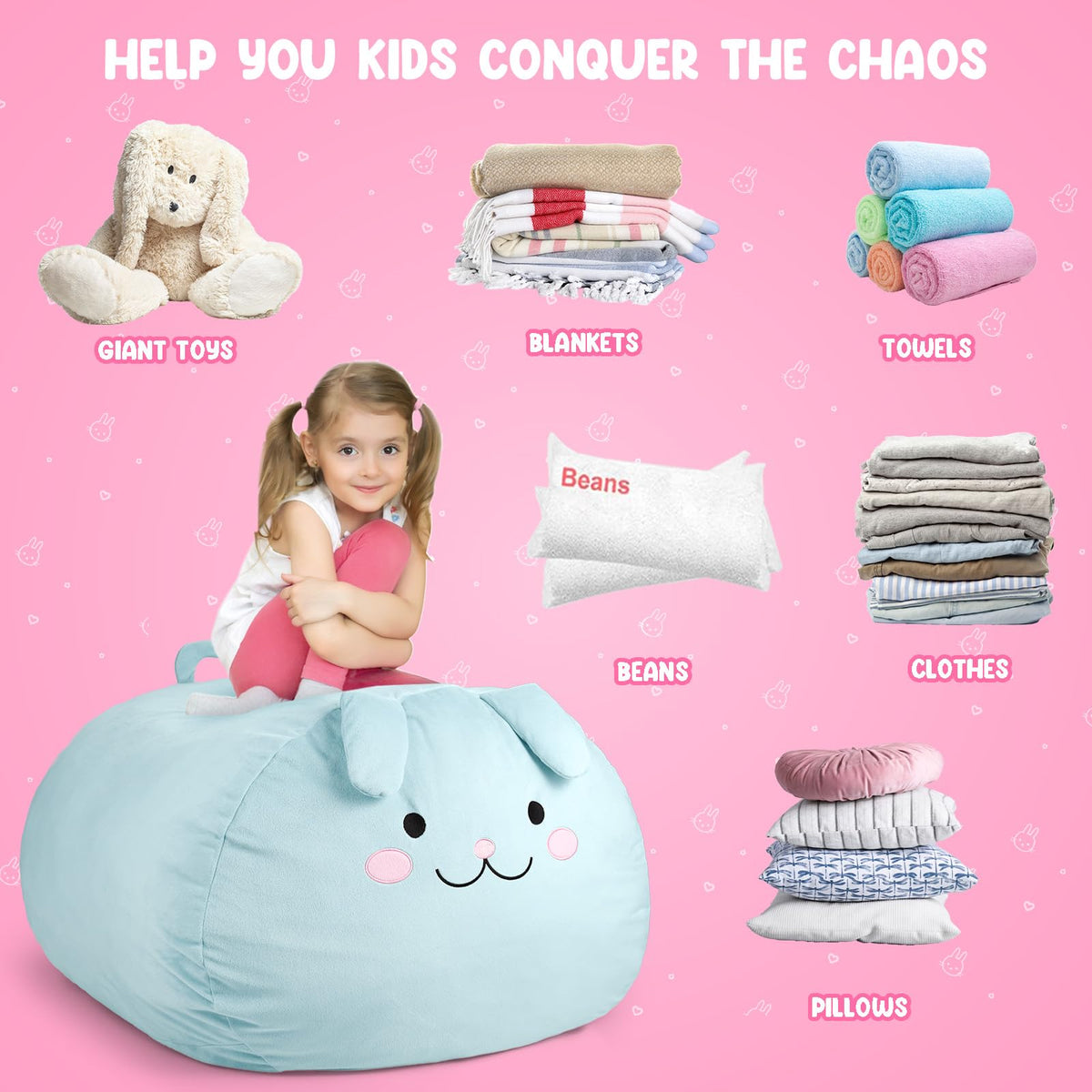 GAGAKU Stuffed Animal Bean Bag Cover Toy Storage, 24 Inches Kids BeanBag Crystal Blue Rabbit Large Zipper Bean Bag for Organizing Kids Plush Toys Home Supplies