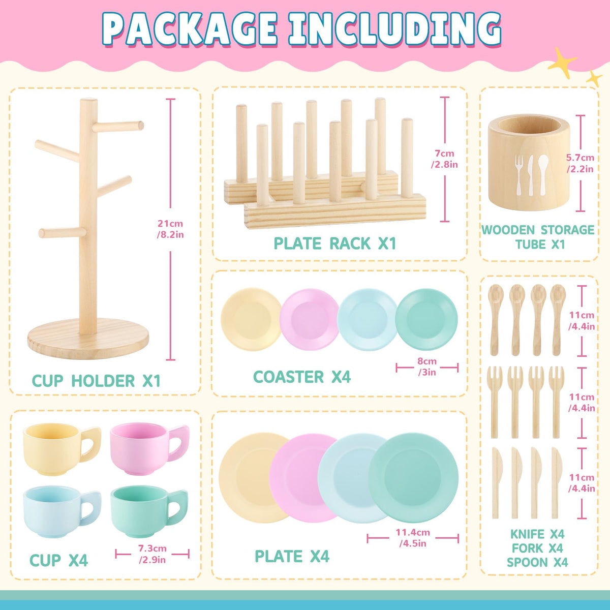 GAGAKU Kids Wooden Play Dishes Set -27Pcs Montessori Play Kitchen Accessories Plates and Bowls Set, Storage Stand & Play Food, Pretend Cooking Toys for Ages 3-5, Educational Gift for Toddler