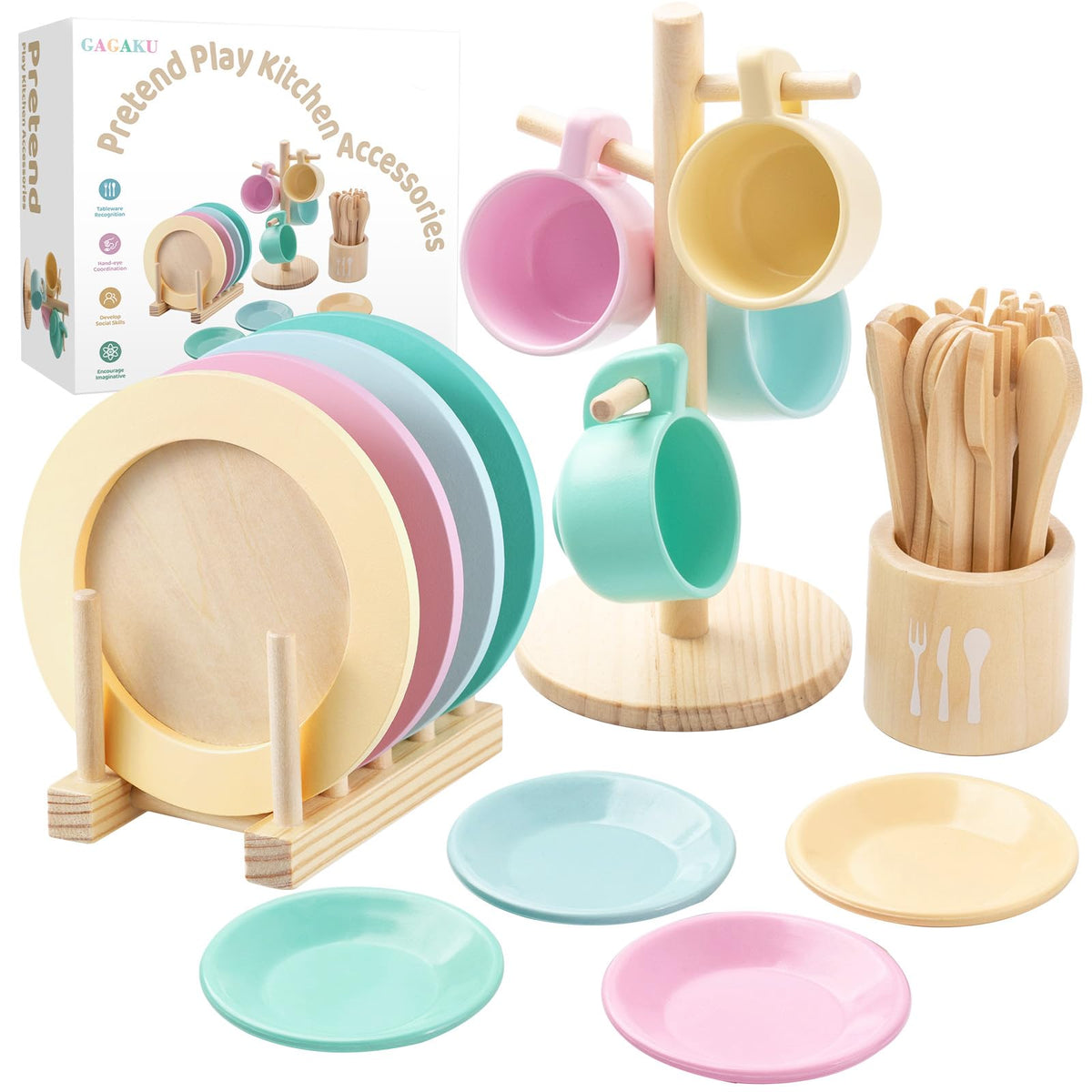 GAGAKU Kids Wooden Play Dishes Set -27Pcs Montessori Play Kitchen Accessories Plates and Bowls Set, Storage Stand & Play Food, Pretend Cooking Toys for Ages 3-5, Educational Gift for Toddler