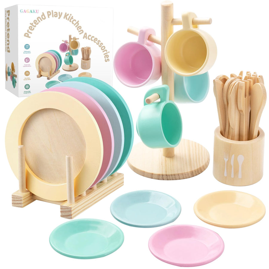 GAGAKU Kids Wooden Play Dishes Set -27Pcs Montessori Play Kitchen Accessories Plates and Bowls Set, Storage Stand & Play Food, Pretend Cooking Toys for Ages 3-5, Educational Gift for Toddler
