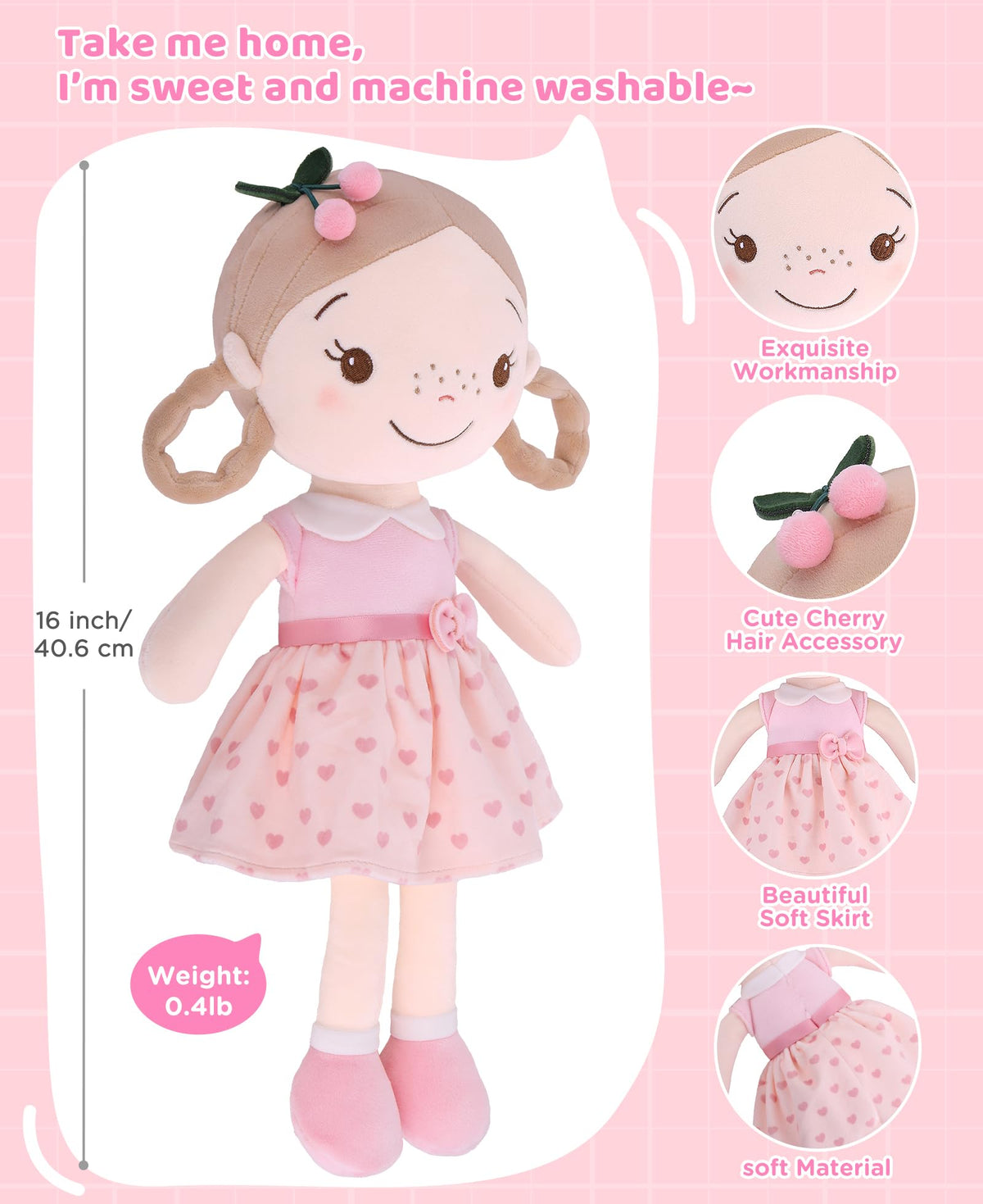 GAGAKU Soft Baby Doll Toys (16'') for Girls, My First Baby Rag Dolls for 1 Year Old Girl Birthday Gift Plush Doll Toys Machine Washable Baby Doll for Toddler Kids Infants - Cherry Girl