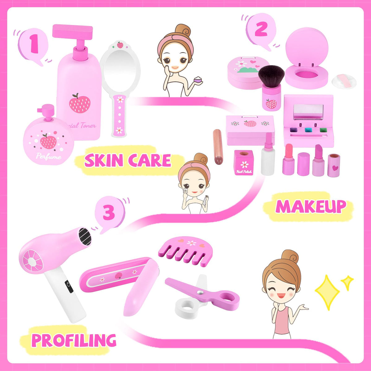 GAGAKU Wooden Makeup Toy Set Pretend Wood Beauty Hair Salon Toys for Toddler Wooden Makeup Kit for Girls with Styling Tools Christmas Birthday Gift for 3 4 5 6 7 Years Old Girls