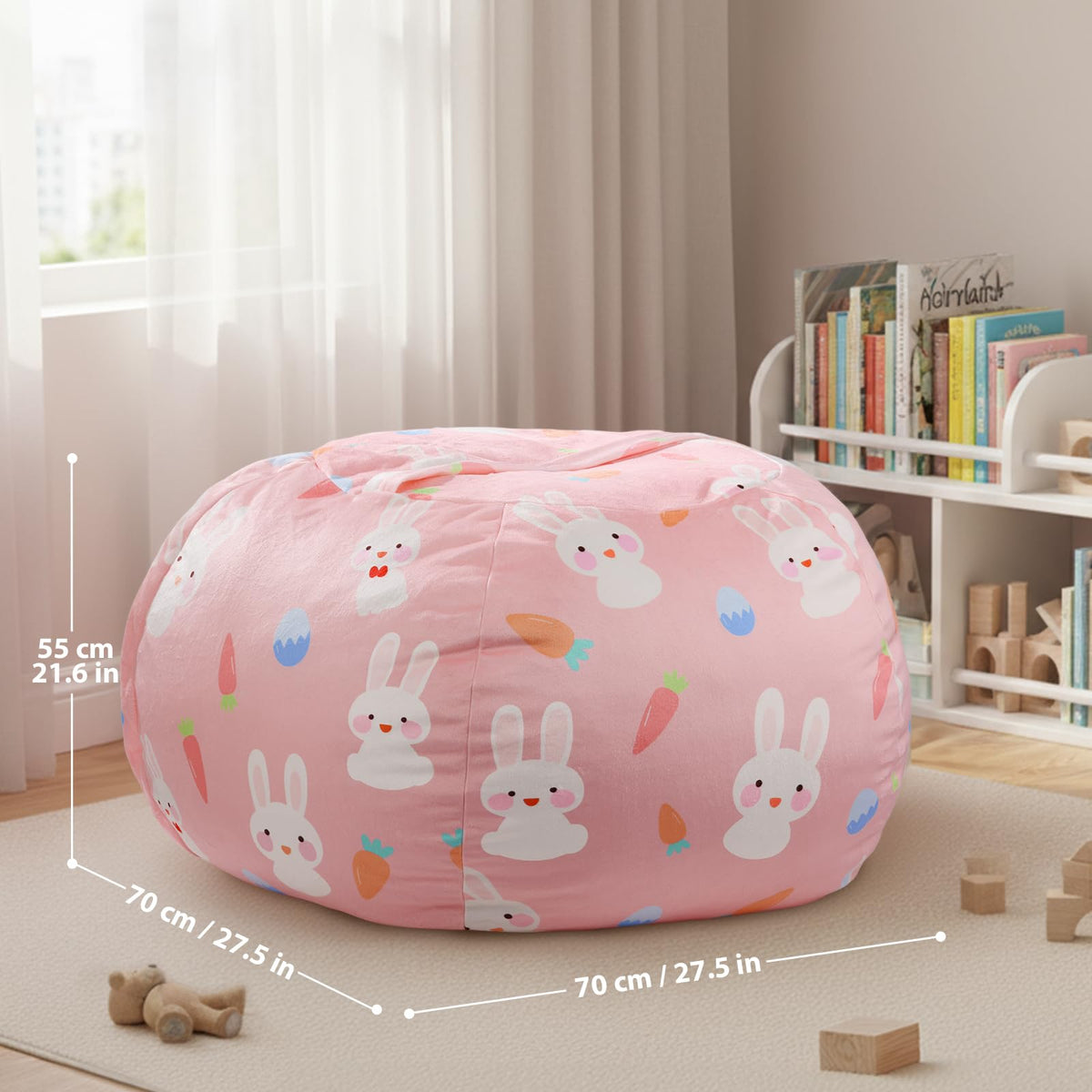 Children's Bean Bag Cover for Soft Toys 24 x 24 x 19.7 in - Toy Storage for Children's Room - Cuddly Toy Organiser for Plush Toys & Blankets Premium Velvet, Zip - Rabbit