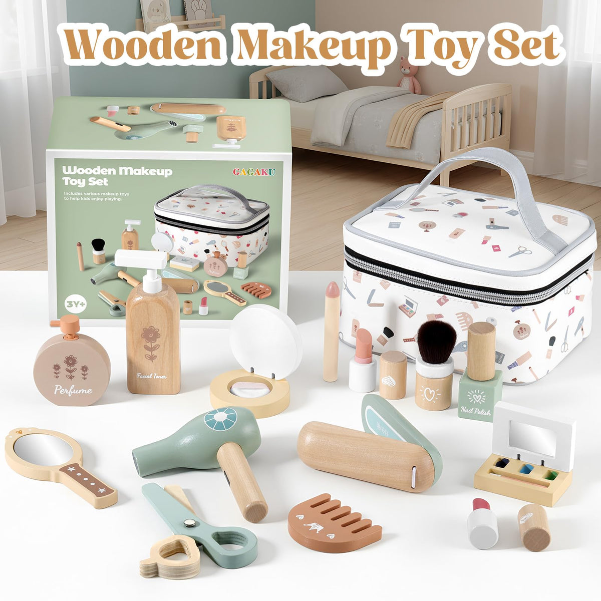 GAGAKU Wooden Makeup Toy Set for Toddlers 3-5 – 18-Piece Pretend Play Makeup Kit for Little Girls with Storage Bag, Realistic Lipstick & Mirror – Safe, Non-Toxic Dress-Up Gift for Age 3-6