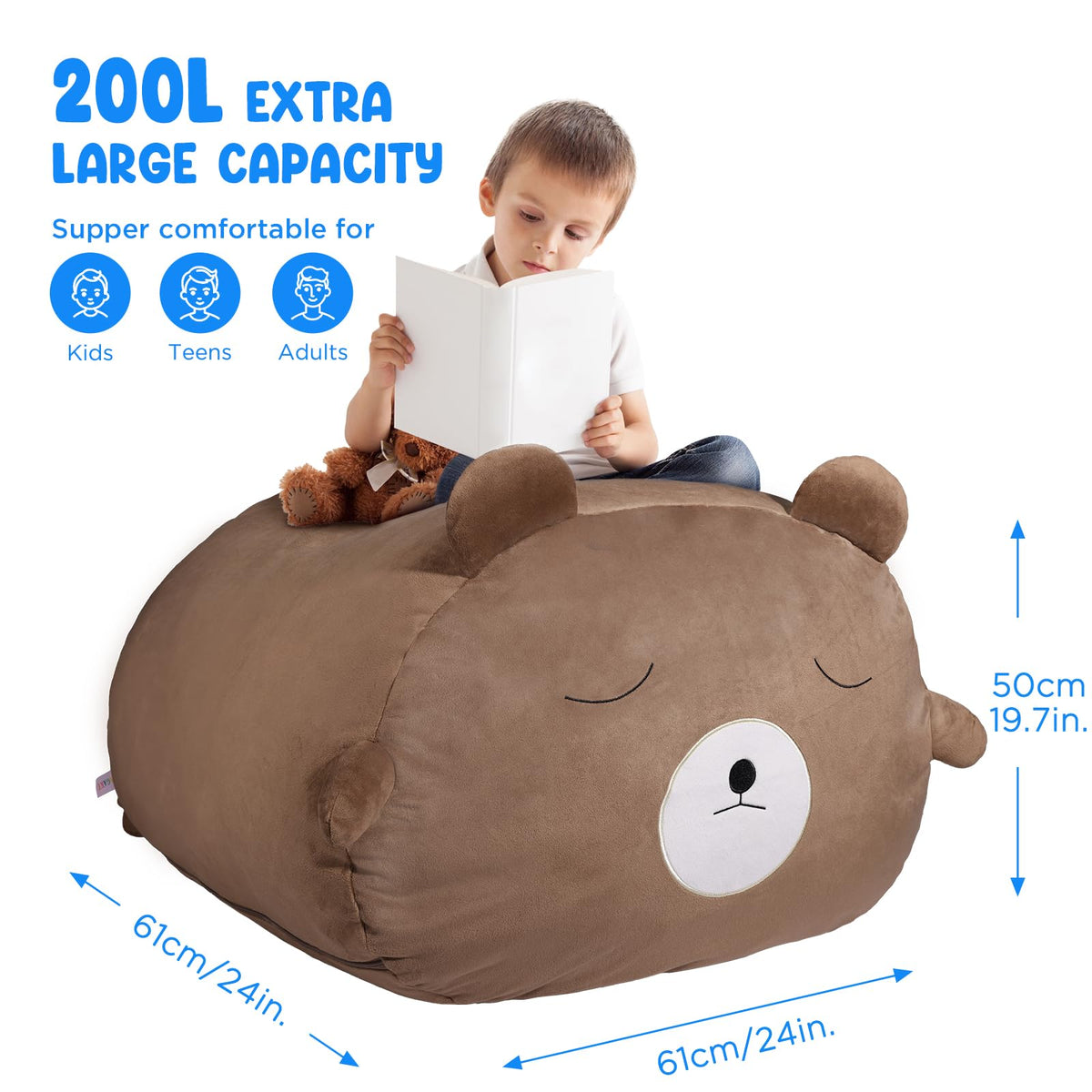 Children's Bean Bag Cover for Soft Toys 24 x 24 x 19.7 in - Toy Storage for Children's Room - Cuddly Toy Organiser for Plush Toys & Blankets Premium Velvet, Zip - Bear