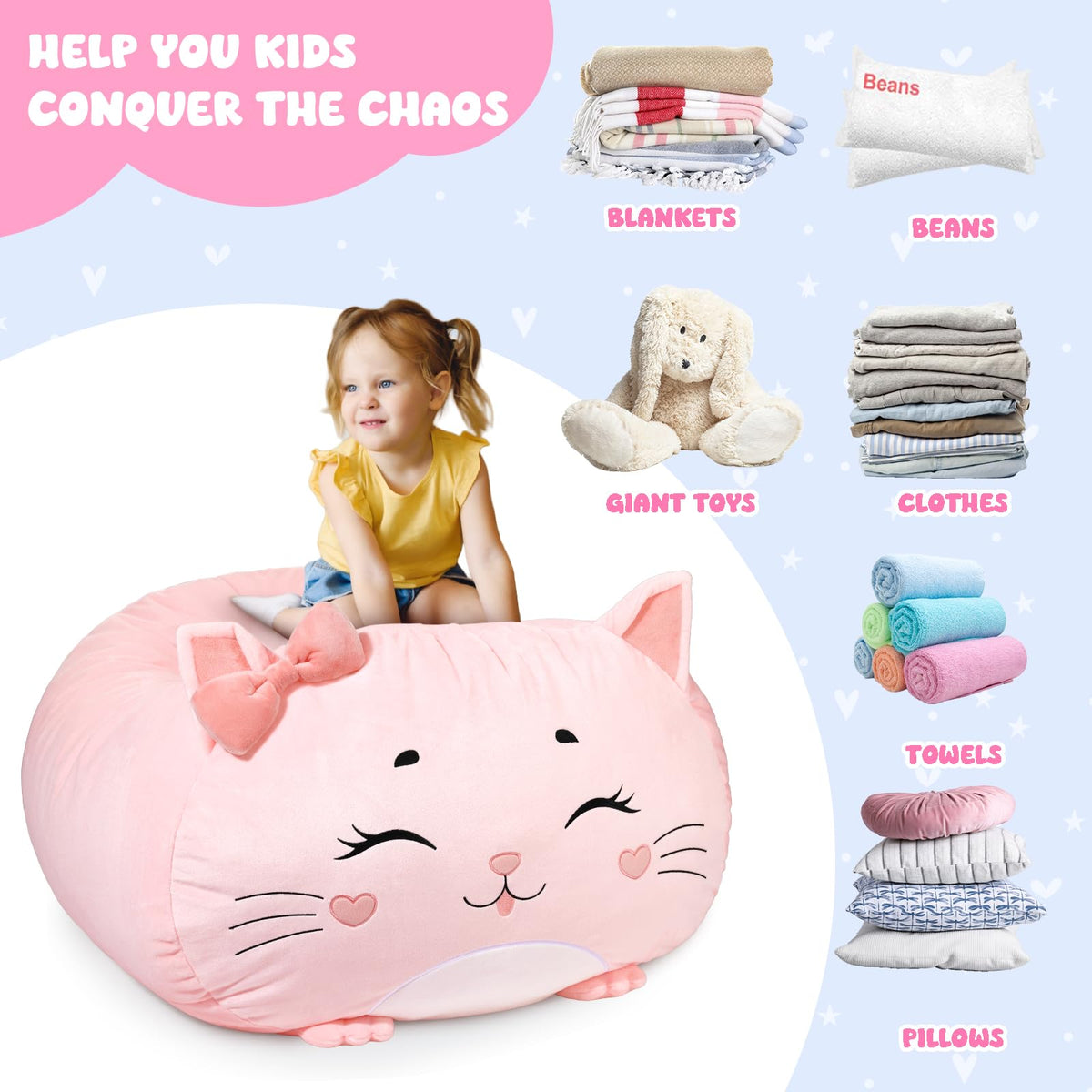 Children's Bean Bag Cover for Soft Toys 24 x 24 x 19.7 in - Toy Storage for Children's Room - Cuddly Toy Organiser for Plush Toys & Blankets Premium Velvet, Zip - Kitty