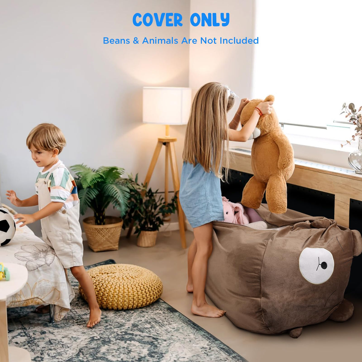 Children's Bean Bag Cover for Soft Toys 24 x 24 x 19.7 in - Toy Storage for Children's Room - Cuddly Toy Organiser for Plush Toys & Blankets Premium Velvet, Zip - Bear