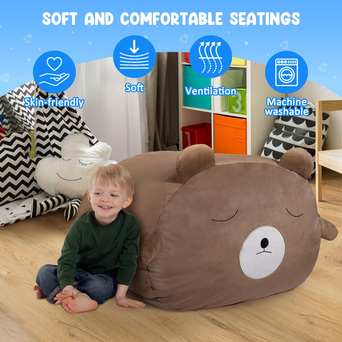 Children's Bean Bag Cover for Soft Toys 24 x 24 x 19.7 in - Toy Storage for Children's Room - Cuddly Toy Organiser for Plush Toys & Blankets Premium Velvet, Zip - Bear