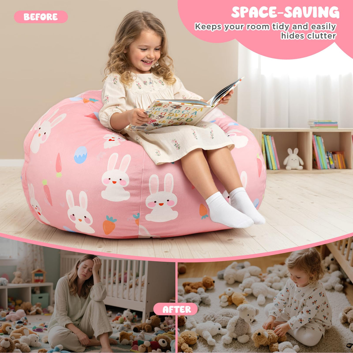 Children's Bean Bag Cover for Soft Toys 24 x 24 x 19.7 in - Toy Storage for Children's Room - Cuddly Toy Organiser for Plush Toys & Blankets Premium Velvet, Zip - Rabbit