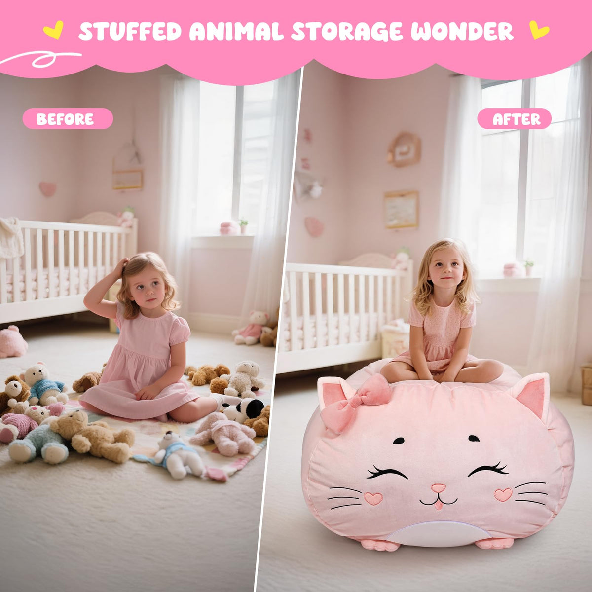 Children's Bean Bag Cover for Soft Toys 24 x 24 x 19.7 in - Toy Storage for Children's Room - Cuddly Toy Organiser for Plush Toys & Blankets Premium Velvet, Zip - Kitty