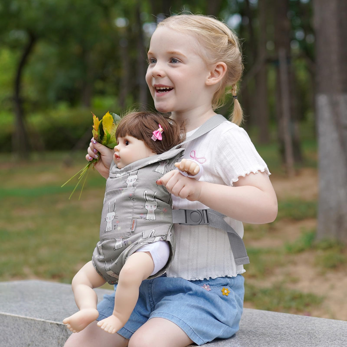 GAGAKU Baby Doll Carrier for Little Girls, Reborn Doll Accessories for Toddlers 3+, Kids Toy Baby Dolls Sling Carrier - Gray - Rabbit