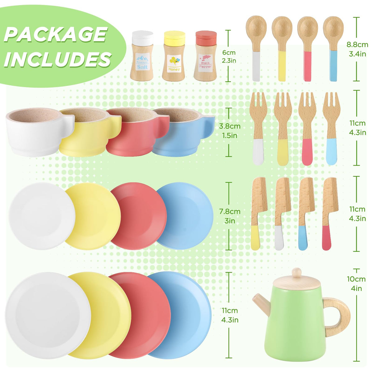 GAGAKU Wood Tea Set and Wooden Play Dishes 2 in 1 Play Food Set Toy 28 PCS Montessori Play Kitchen Accessories Kitchen for Toddlers Cooking Playset for 3-8 Years Girls and Boys