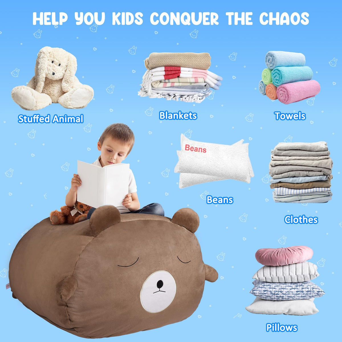 Children's Bean Bag Cover for Soft Toys 24 x 24 x 19.7 in - Toy Storage for Children's Room - Cuddly Toy Organiser for Plush Toys & Blankets Premium Velvet, Zip - Bear