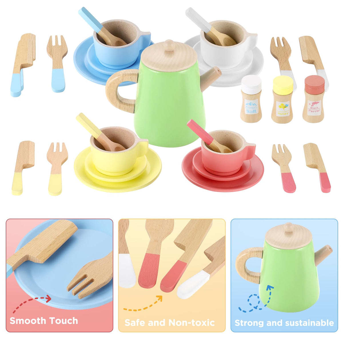 GAGAKU Wood Tea Set and Wooden Play Dishes 2 in 1 Play Food Set Toy 28 PCS Montessori Play Kitchen Accessories Kitchen for Toddlers Cooking Playset for 3-8 Years Girls and Boys