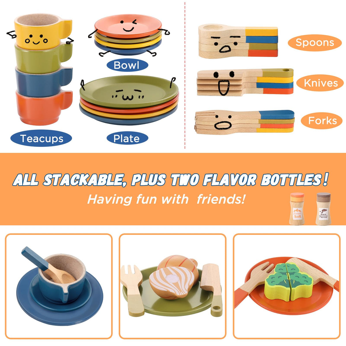 GAGAKU Wooden Play Food Sets for Kids Kitchen, Montessori Wooden Play Food Toys with Plates and Dishes for Toddler Boys & Girls Gifts