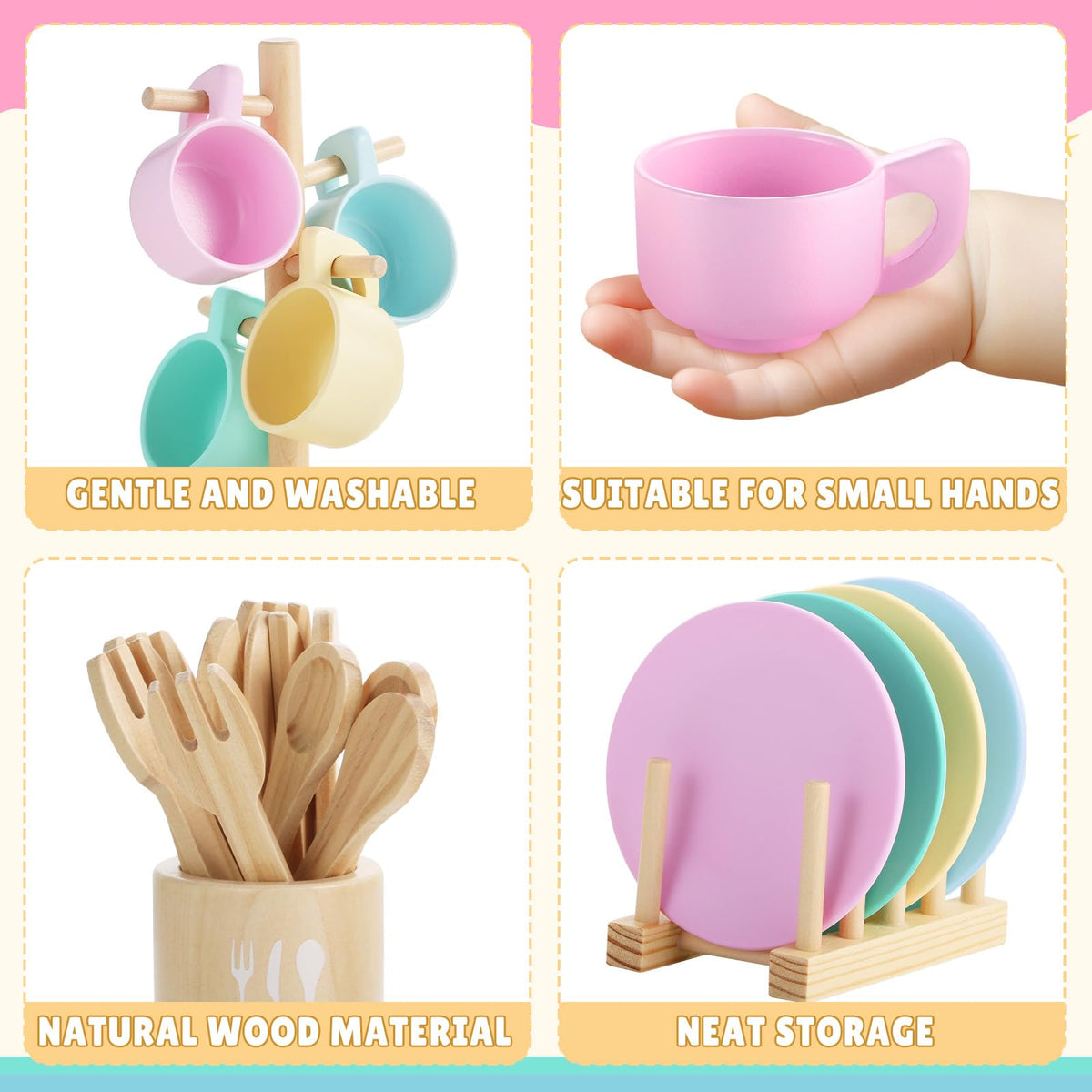 GAGAKU Kids Wooden Play Dishes Set -27Pcs Montessori Play Kitchen Accessories Plates and Bowls Set, Storage Stand & Play Food, Pretend Cooking Toys for Ages 3-5, Educational Gift for Toddler