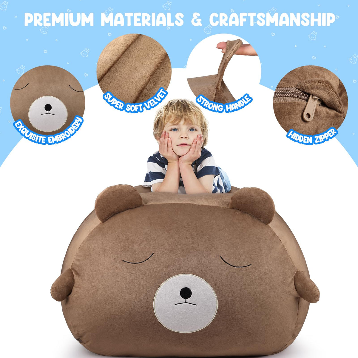 Children's Bean Bag Cover for Soft Toys 24 x 24 x 19.7 in - Toy Storage for Children's Room - Cuddly Toy Organiser for Plush Toys & Blankets Premium Velvet, Zip - Bear
