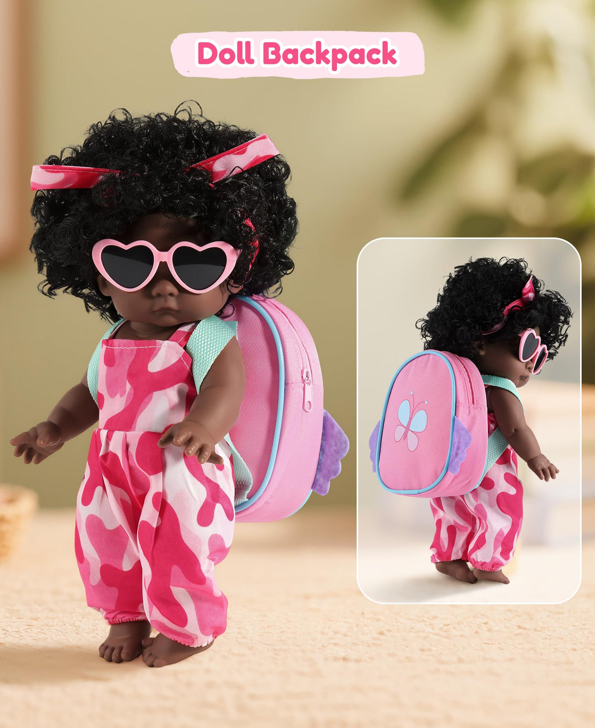 GAGAKU 12-Inch Black Baby Dolls with Natural Hair, Doll for Girls Toddlers Kids Ages 3+, Full Vinyl Baby Doll with Mini Backpack & Dolls Accessories