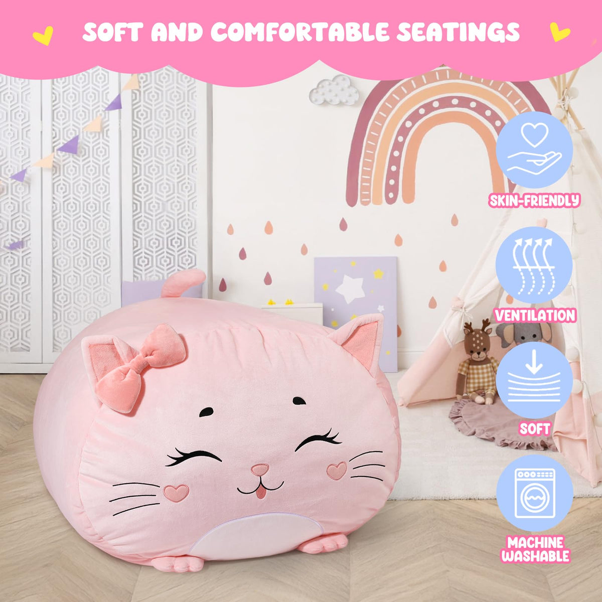 Children's Bean Bag Cover for Soft Toys 24 x 24 x 19.7 in - Toy Storage for Children's Room - Cuddly Toy Organiser for Plush Toys & Blankets Premium Velvet, Zip - Kitty