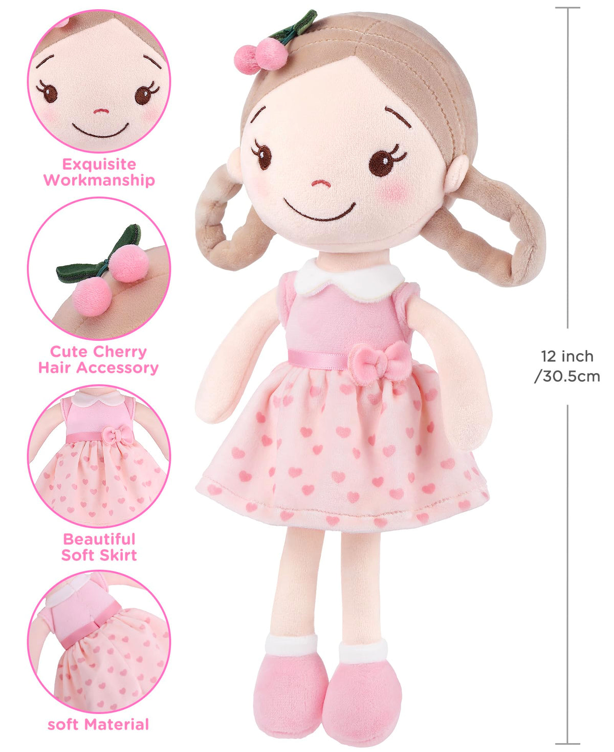 GAGAKU Cherry Girl Soft Plush Baby Doll for Girls (12")