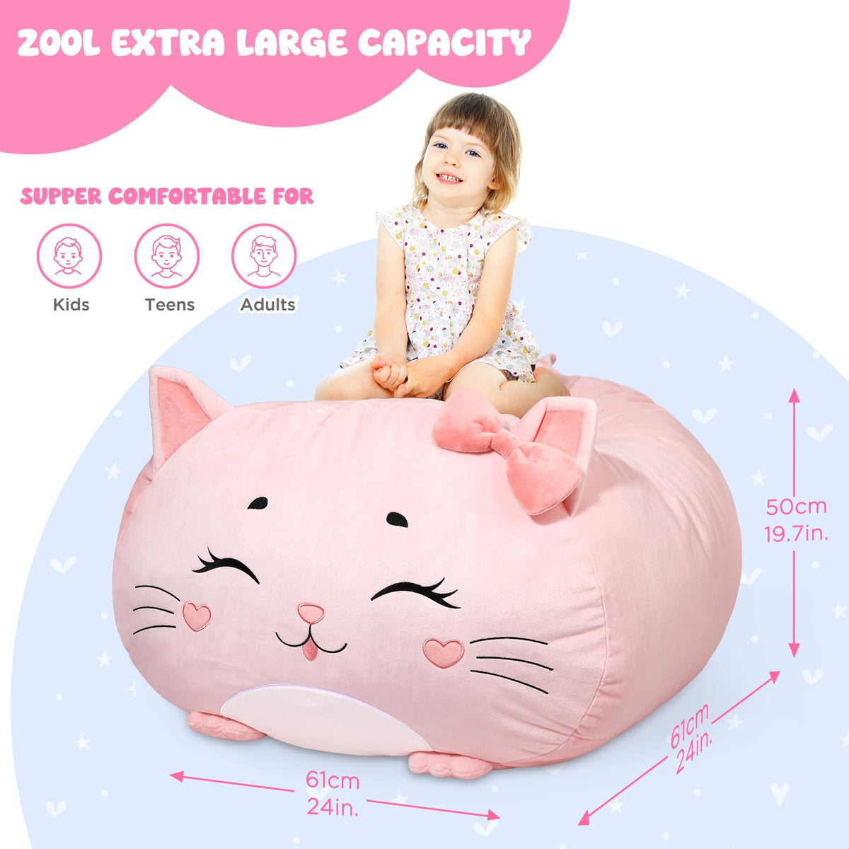 Children's Bean Bag Cover for Soft Toys 24 x 24 x 19.7 in - Toy Storage for Children's Room - Cuddly Toy Organiser for Plush Toys & Blankets Premium Velvet, Zip - Kitty