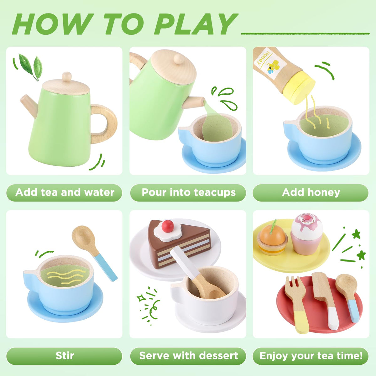 GAGAKU Wood Tea Set and Wooden Play Dishes 2 in 1 Play Food Set Toy 28 PCS Montessori Play Kitchen Accessories Kitchen for Toddlers Cooking Playset for 3-8 Years Girls and Boys