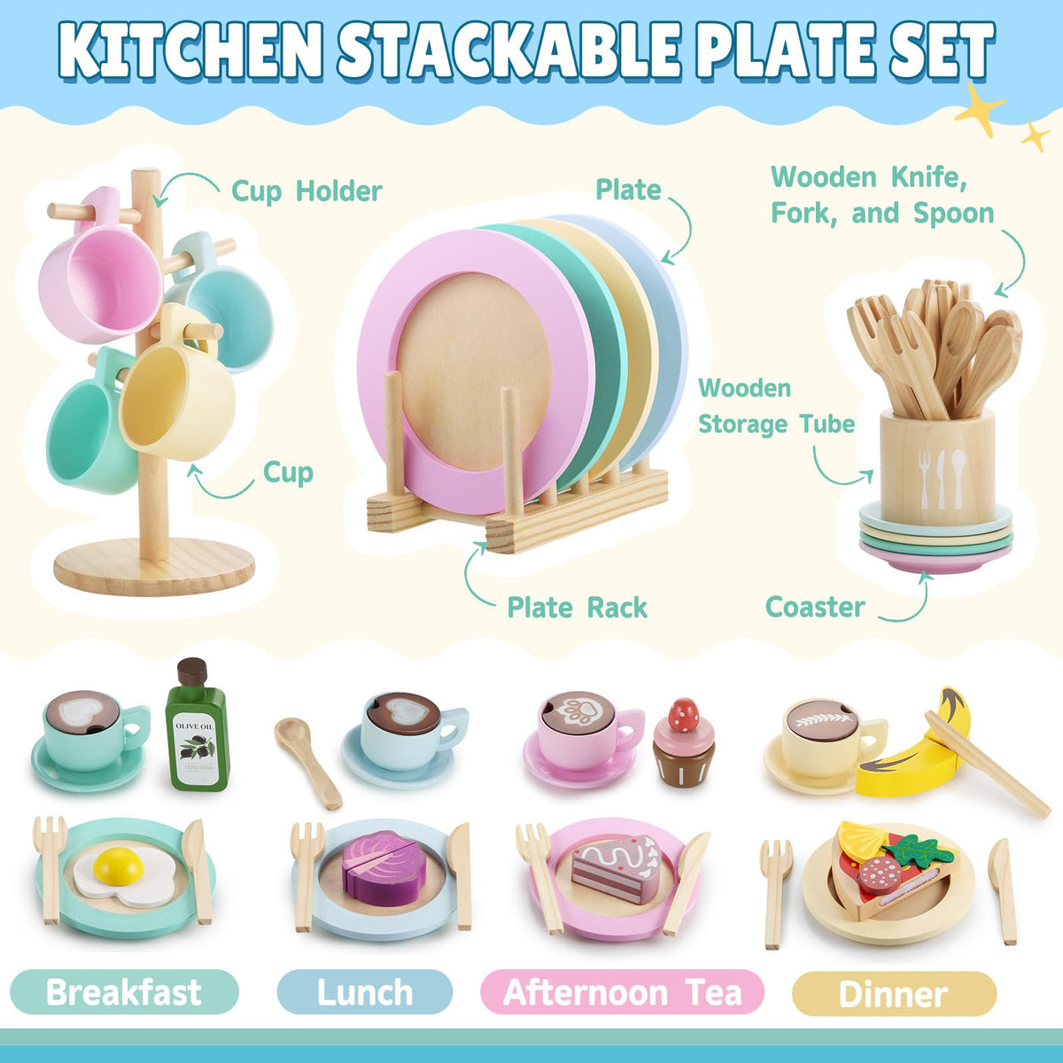 GAGAKU Kids Wooden Play Dishes Set -27Pcs Montessori Play Kitchen Accessories Plates and Bowls Set, Storage Stand & Play Food, Pretend Cooking Toys for Ages 3-5, Educational Gift for Toddler