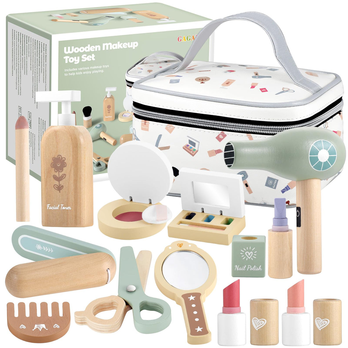GAGAKU Wooden Makeup Toy Set for Toddlers 3-5 – 18-Piece Pretend Play Makeup Kit for Little Girls with Storage Bag, Realistic Lipstick & Mirror – Safe, Non-Toxic Dress-Up Gift for Age 3-6