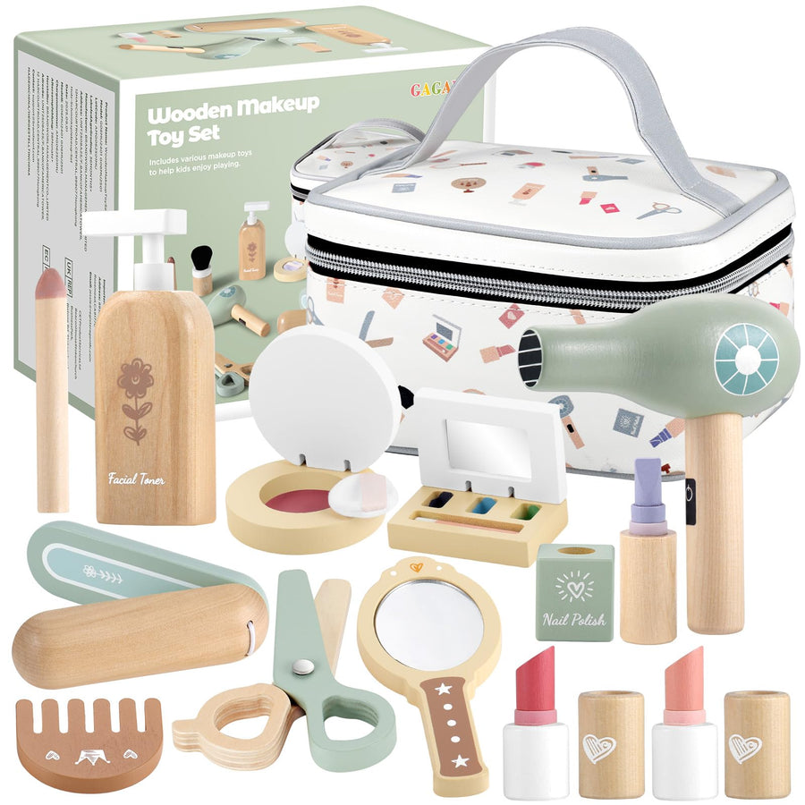 GAGAKU Wooden Makeup Toy Set for Toddlers 3-5 – 18-Piece Pretend Play Makeup Kit for Little Girls with Storage Bag, Realistic Lipstick & Mirror – Safe, Non-Toxic Dress-Up Gift for Age 3-6