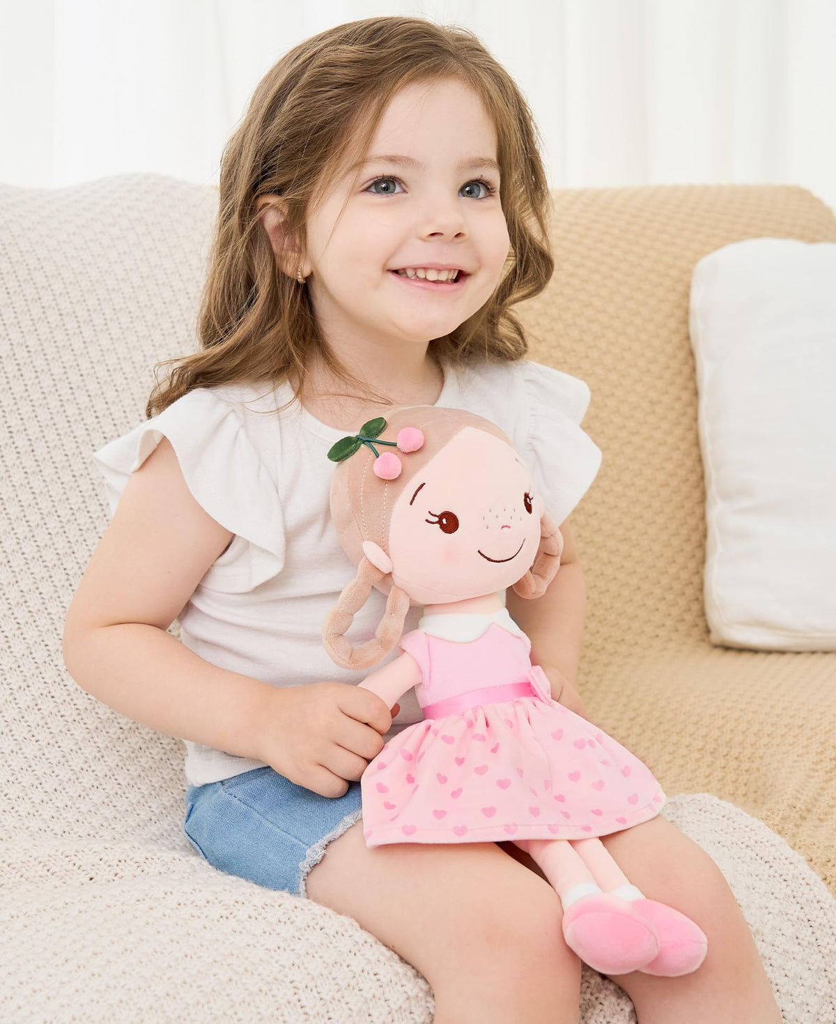GAGAKU Soft Baby Doll Toys (16'') for Girls, My First Baby Rag Dolls for 1 Year Old Girl Birthday Gift Plush Doll Toys Machine Washable Baby Doll for Toddler Kids Infants - Cherry Girl