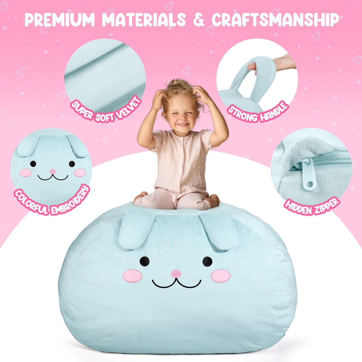 GAGAKU Stuffed Animal Bean Bag Cover Toy Storage, 24 Inches Kids BeanBag Crystal Blue Rabbit Large Zipper Bean Bag for Organizing Kids Plush Toys Home Supplies
