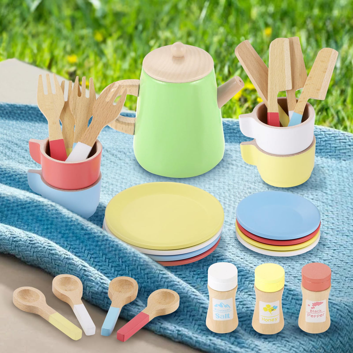 GAGAKU Wood Tea Set and Wooden Play Dishes 2 in 1 Play Food Set Toy 28 PCS Montessori Play Kitchen Accessories Kitchen for Toddlers Cooking Playset for 3-8 Years Girls and Boys