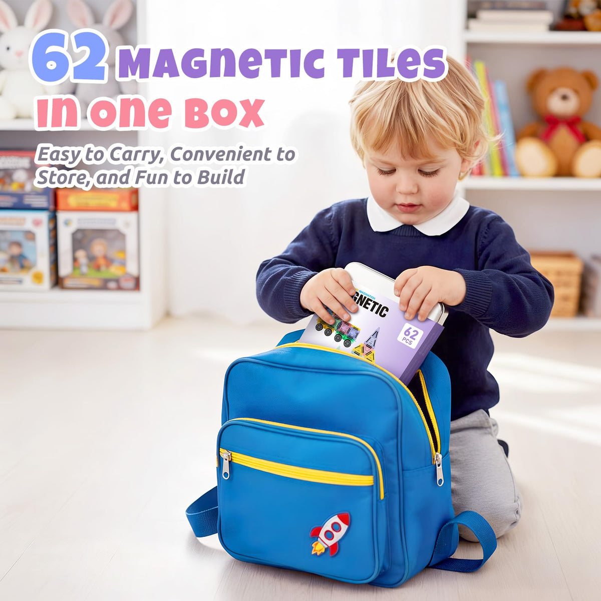 GAGAKU Mini Magnetic Tiles- 62 PCS Travel Magnetic Tile with Portable Storage Box Magnetic Blocks for Kids 3 4 5 6+ Portable Preschool STEM Educational Construction Sensory Gift Toys