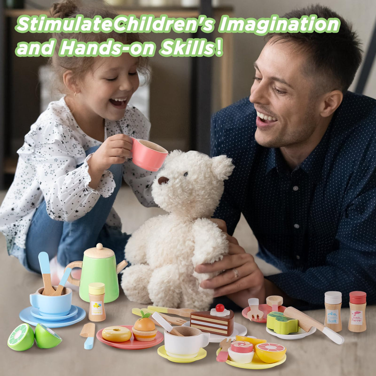 GAGAKU Wood Tea Set and Wooden Play Dishes 2 in 1 Play Food Set Toy 28 PCS Montessori Play Kitchen Accessories Kitchen for Toddlers Cooking Playset for 3-8 Years Girls and Boys