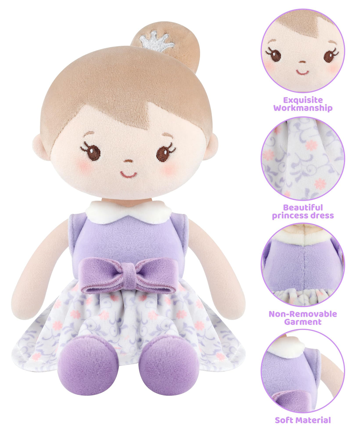 GAGAKU Soft Plush Baby Doll for Girls, Purple Skirt, 12"