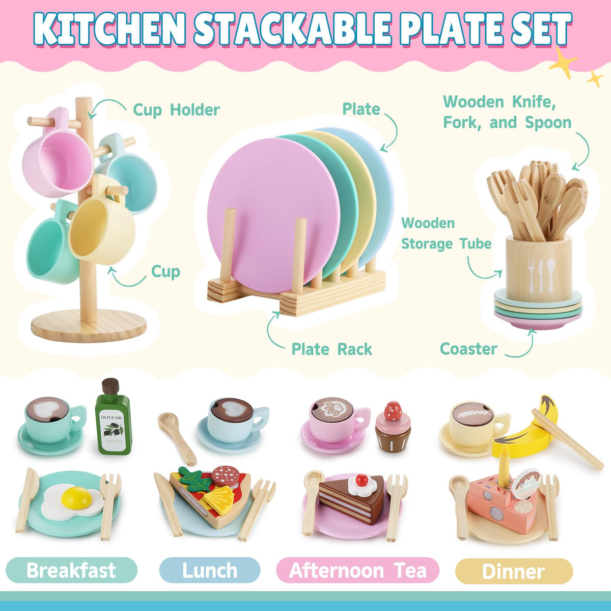 GAGAKU Kids Wooden Play Dishes Set -27Pcs Montessori Play Kitchen Accessories Plates and Bowls Set, Storage Stand & Play Food, Pretend Cooking Toys for Ages 3-5, Educational Gift for Toddler