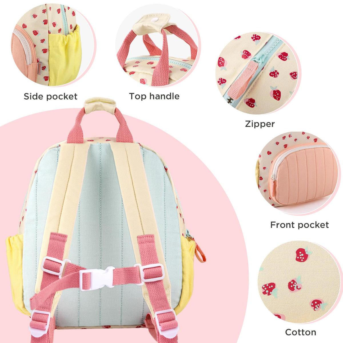 GAGAKU Toddler Backpack for Girls 2-4 Strawberry Cute Preschool Kindergarten Backpack with Name Tag Soft Cotton Small Bookbag for Daycare Lightweight Adjustable Straps with Chest Buckle