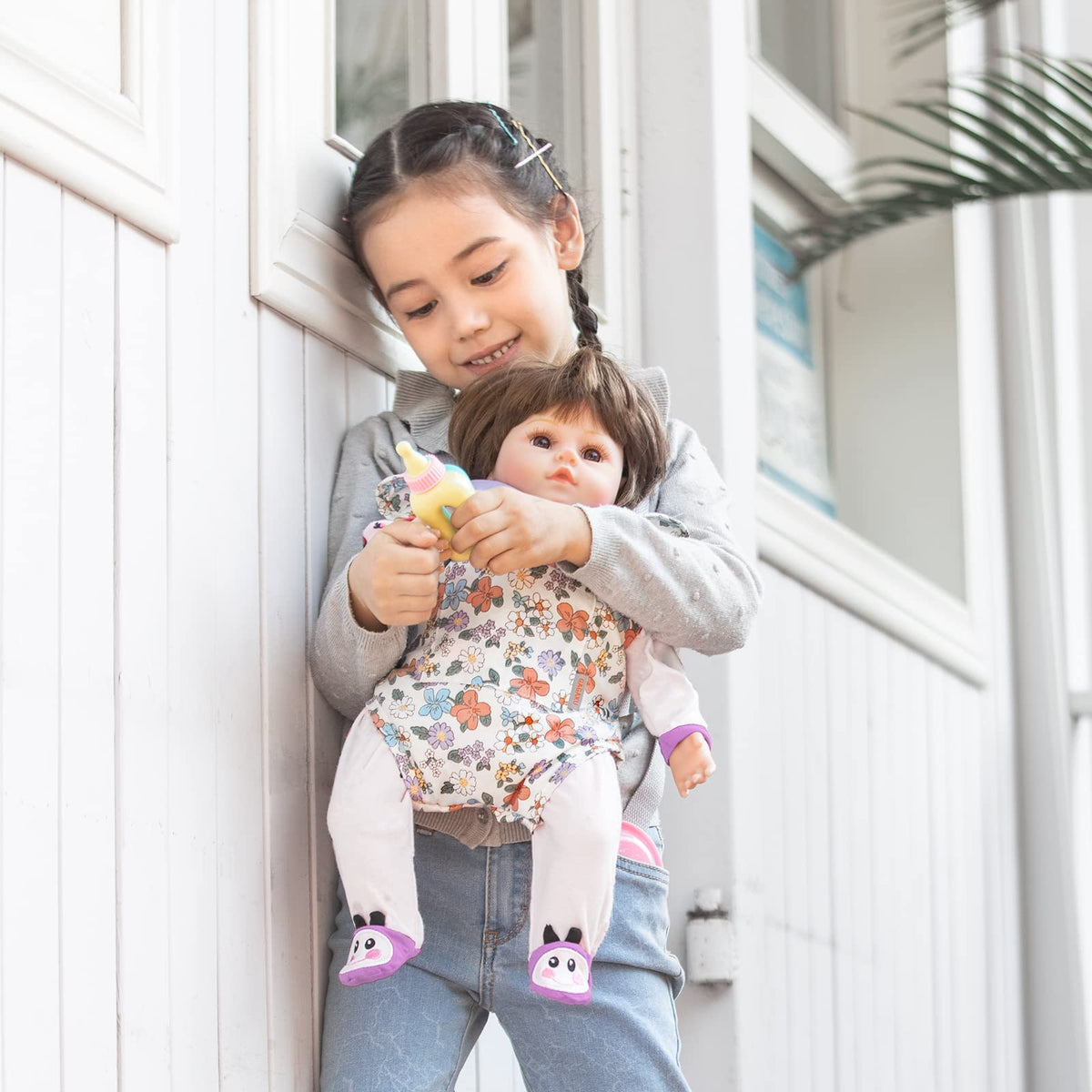 GAGAKU Baby Doll Carrier Stuffed Animal Carrier for Girls Doll Accessory Adjustable Straps for 12 to 24 inch Reborn Baby Dolls -Purple Flowers