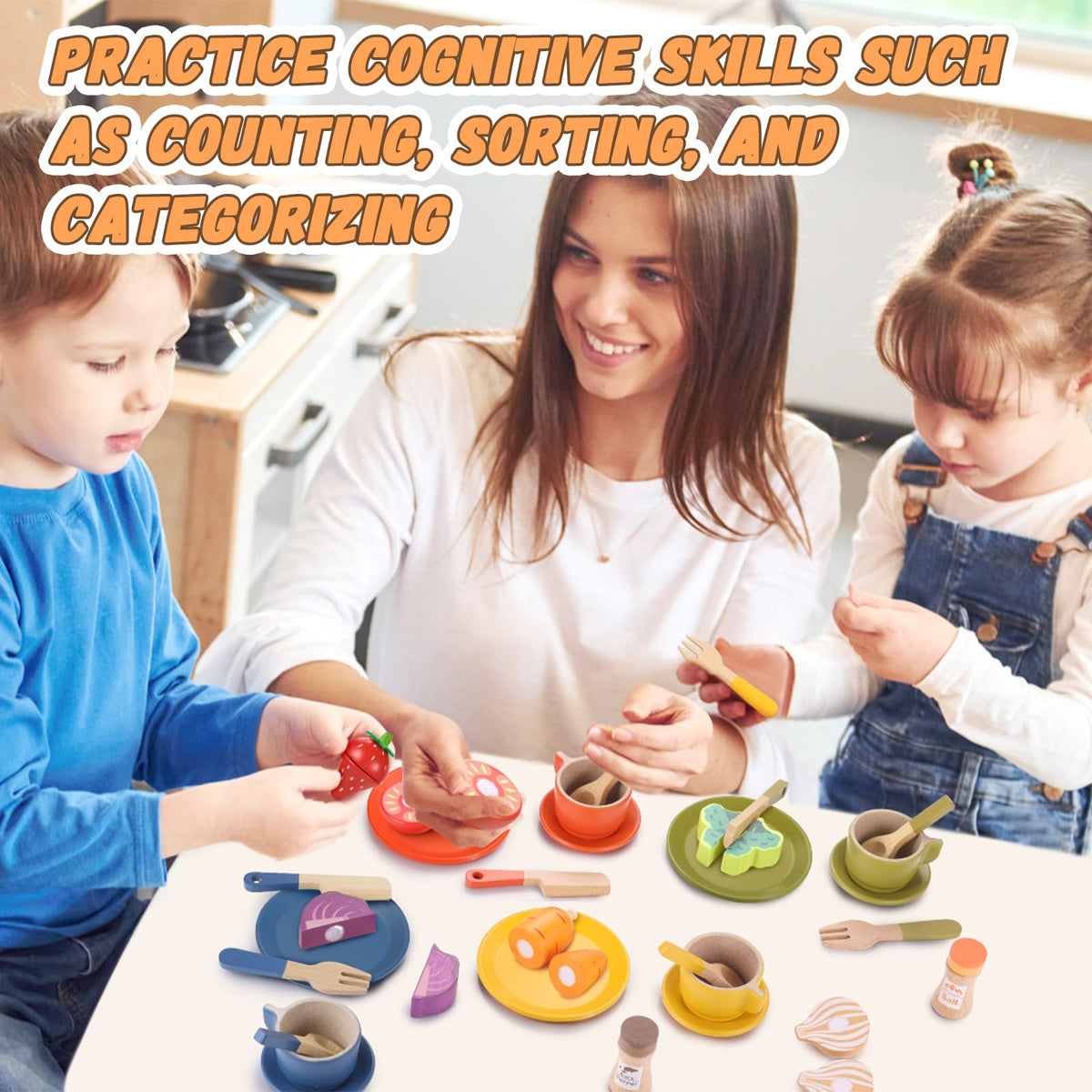 GAGAKU Wooden Play Food Sets for Kids Kitchen, Montessori Wooden Play Food Toys with Plates and Dishes for Toddler Boys & Girls Gifts