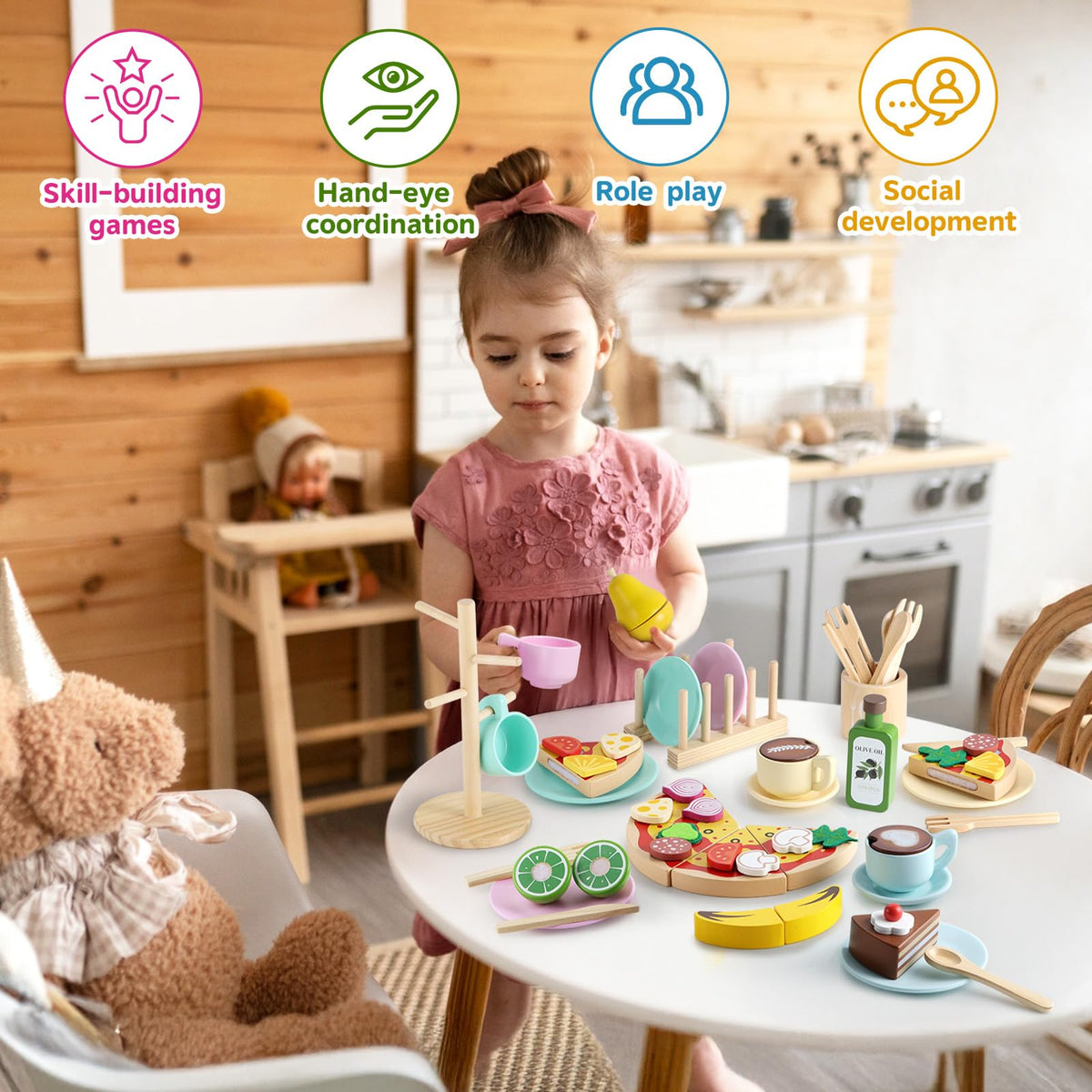 GAGAKU Kids Wooden Play Dishes Set -27Pcs Montessori Play Kitchen Accessories Plates and Bowls Set, Storage Stand & Play Food, Pretend Cooking Toys for Ages 3-5, Educational Gift for Toddler