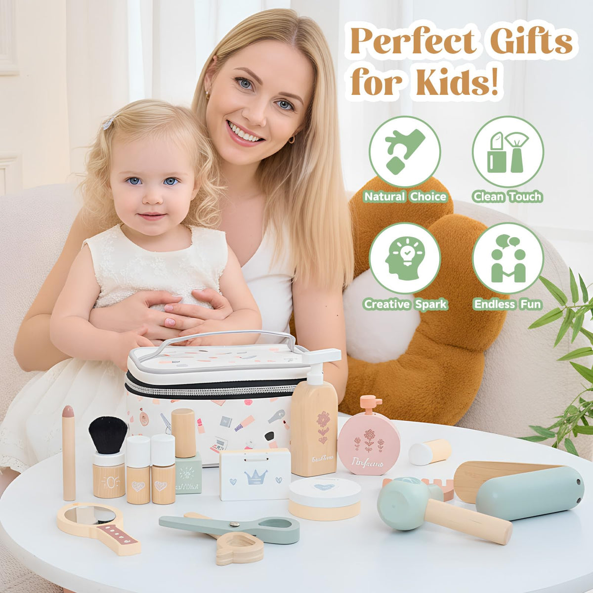 GAGAKU Wooden Makeup Toy Set for Toddlers 3-5 – 18-Piece Pretend Play Makeup Kit for Little Girls with Storage Bag, Realistic Lipstick & Mirror – Safe, Non-Toxic Dress-Up Gift for Age 3-6